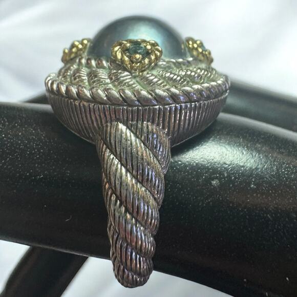 Judith Ripka 18K Gold and 925 Silver Gray Pearl and Aquamarine Cocktail Ring - Picture 4 of 13